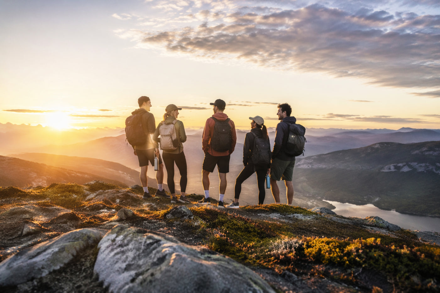 Group of hikers standing on a mountain top at sunset