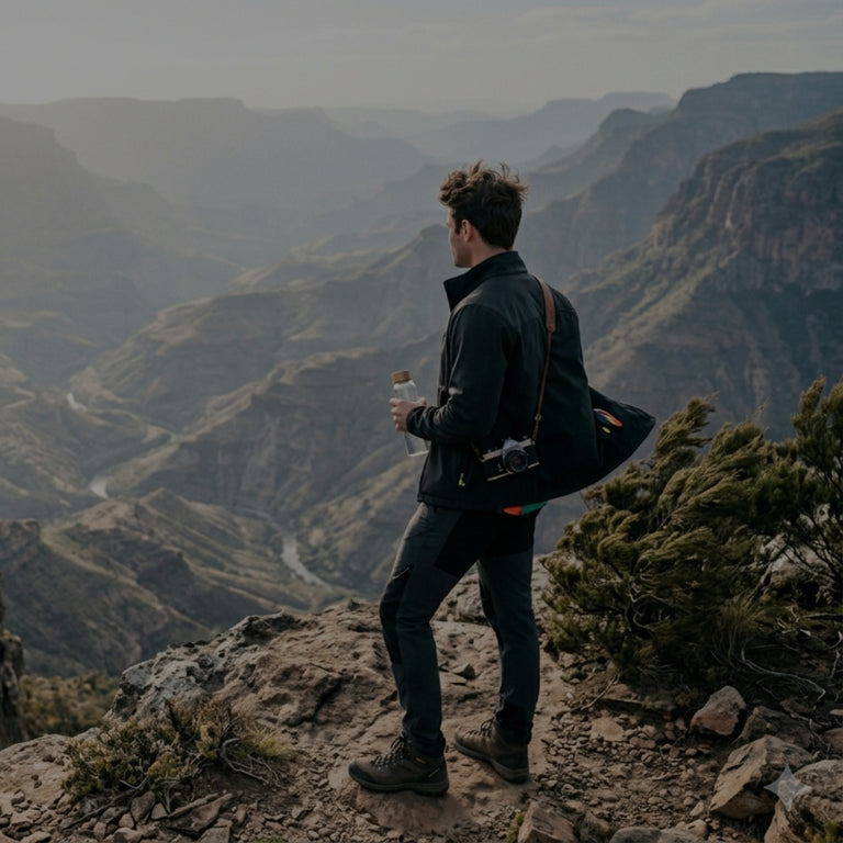 Person standing on a rocky cliff overlooking a vast canyon landscape.