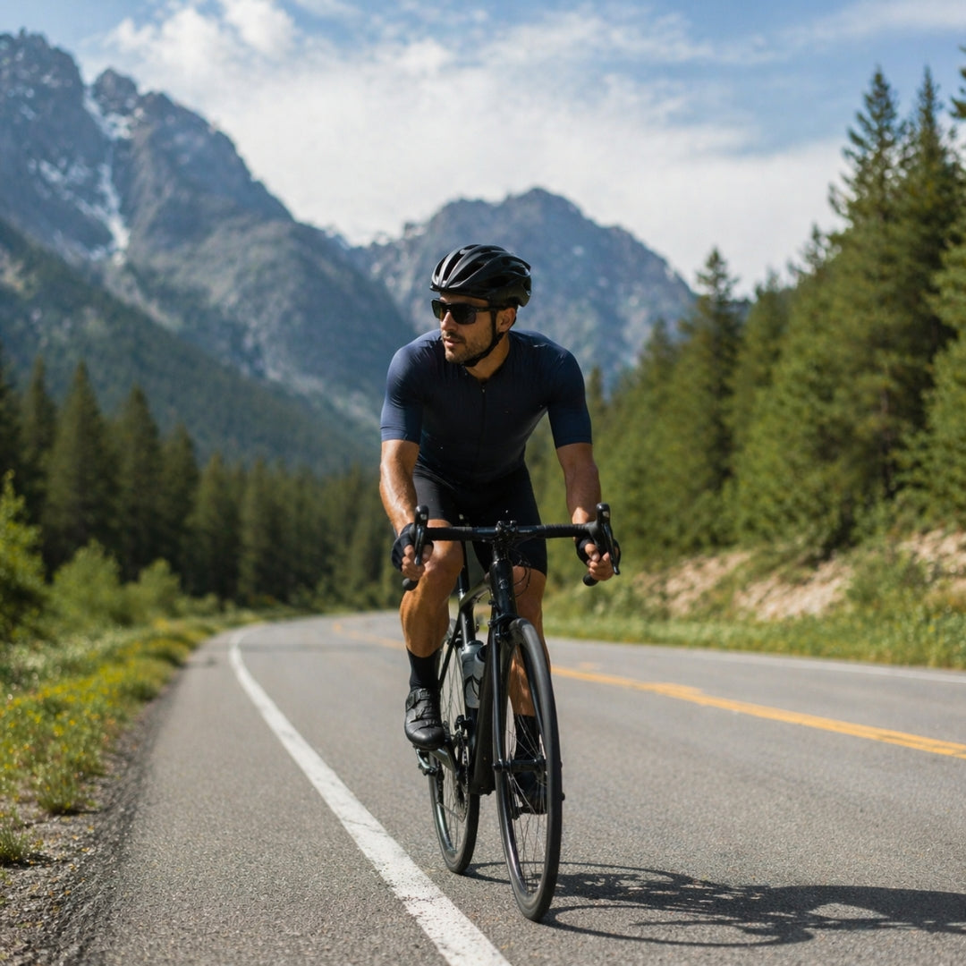 Cyclist on a mountain road with trees and mountains in the background