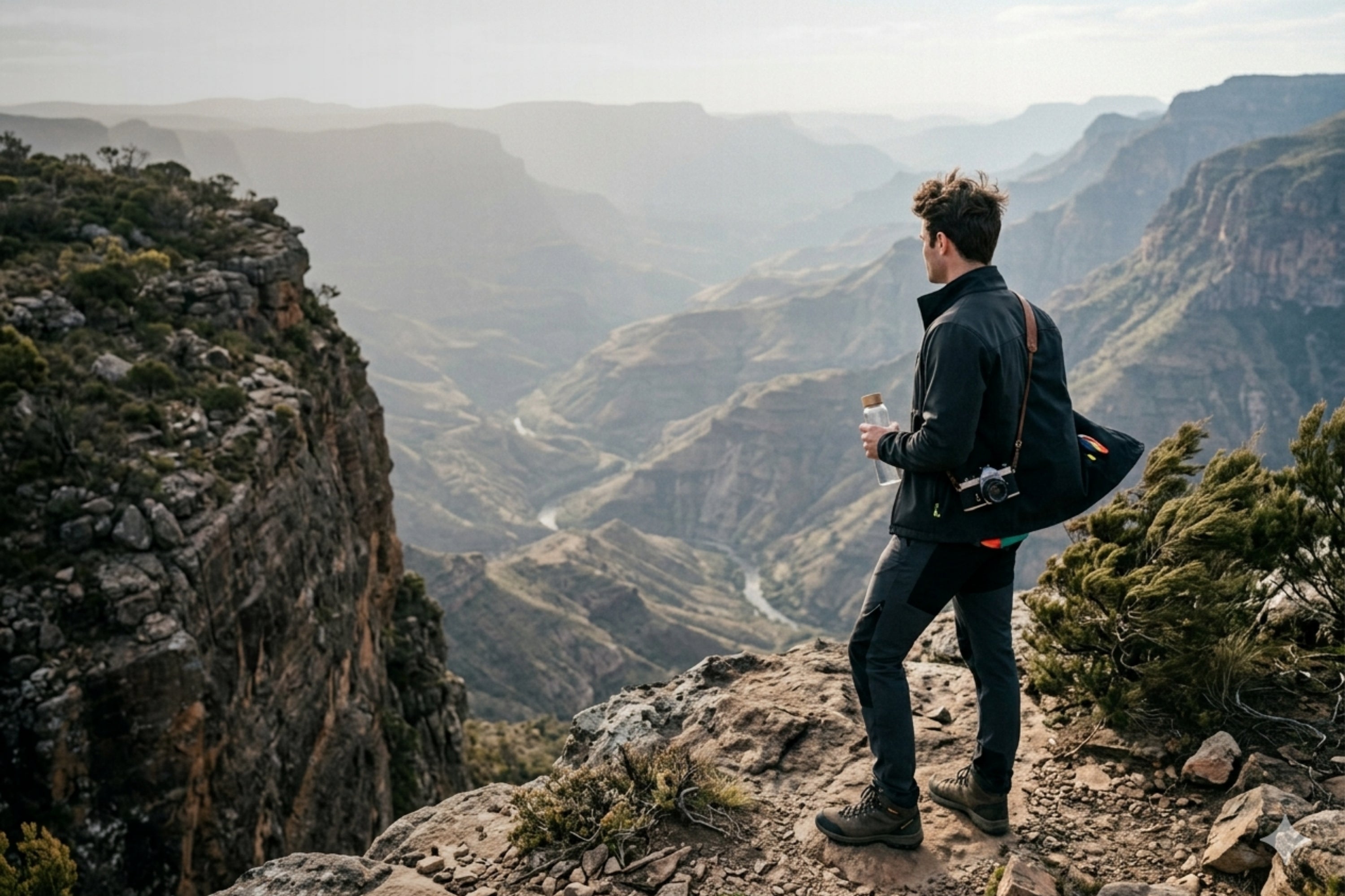 Person standing on a rocky cliff overlooking a vast canyon landscape.