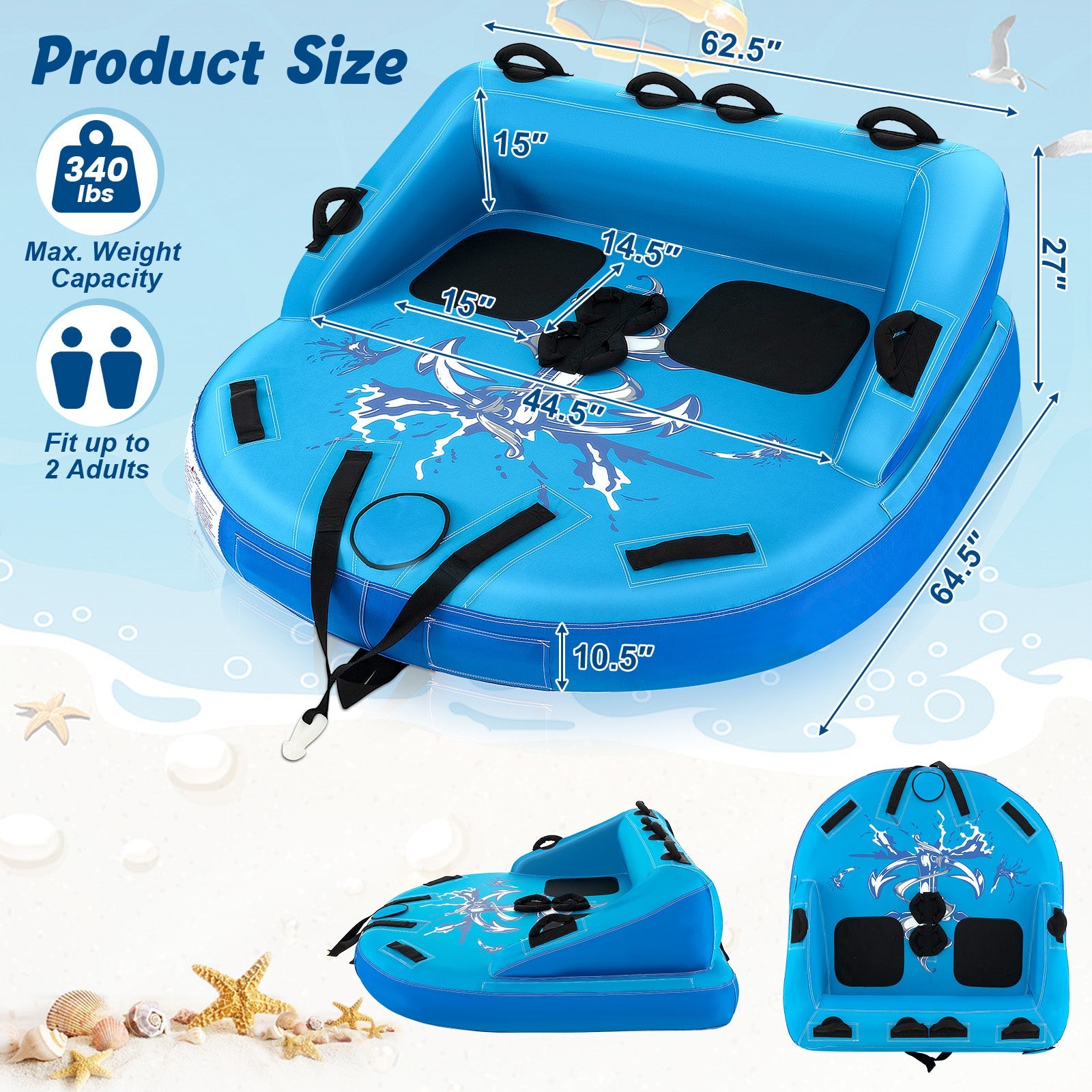 2-Person Inflatable Towable Water Sport Tube for Boating