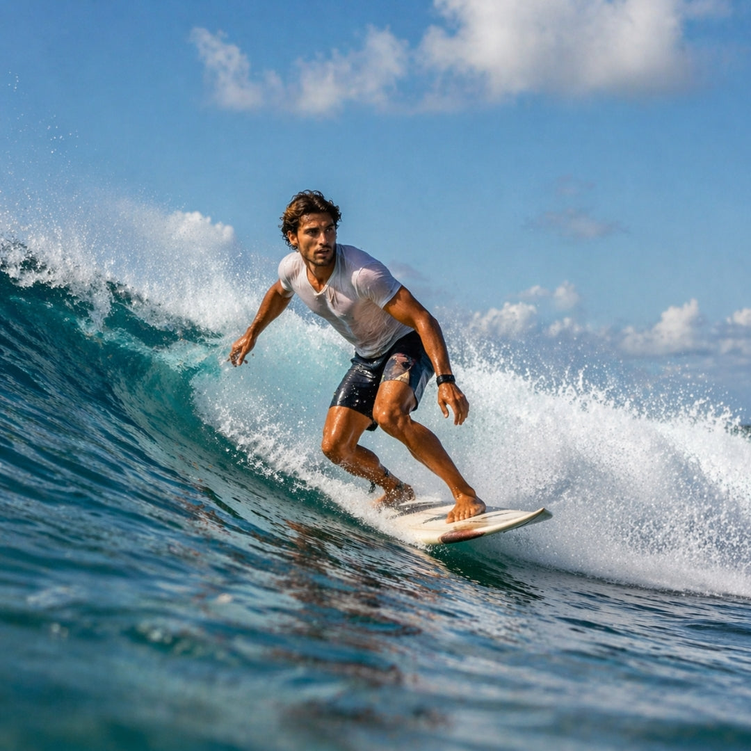 Person surfing on a wave with clear blue sky
