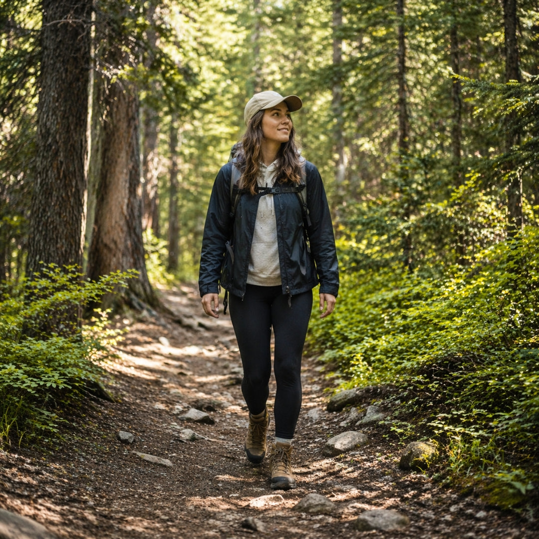 Woman hiking on a trail in a forest