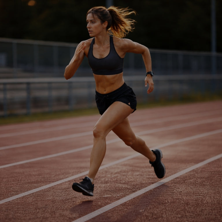 Woman running on a track in an outdoor setting